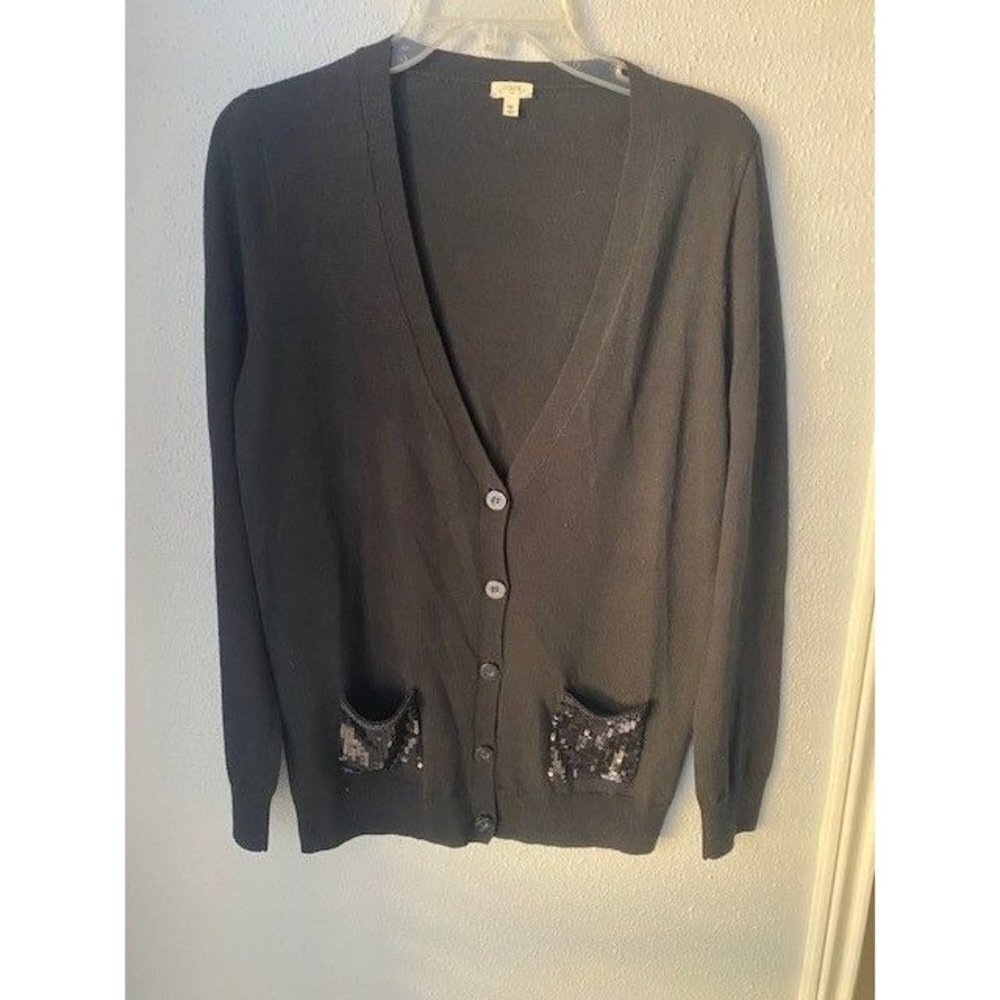 J. Crew Black V-Neck Button Up Merino Wool Cardigan Sequin Pockets - M